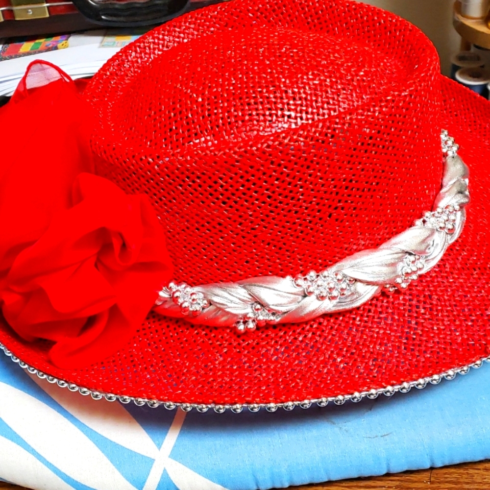 Ladies Red Hat.  Silver braided hat band that is fixed on with red silky bow.
